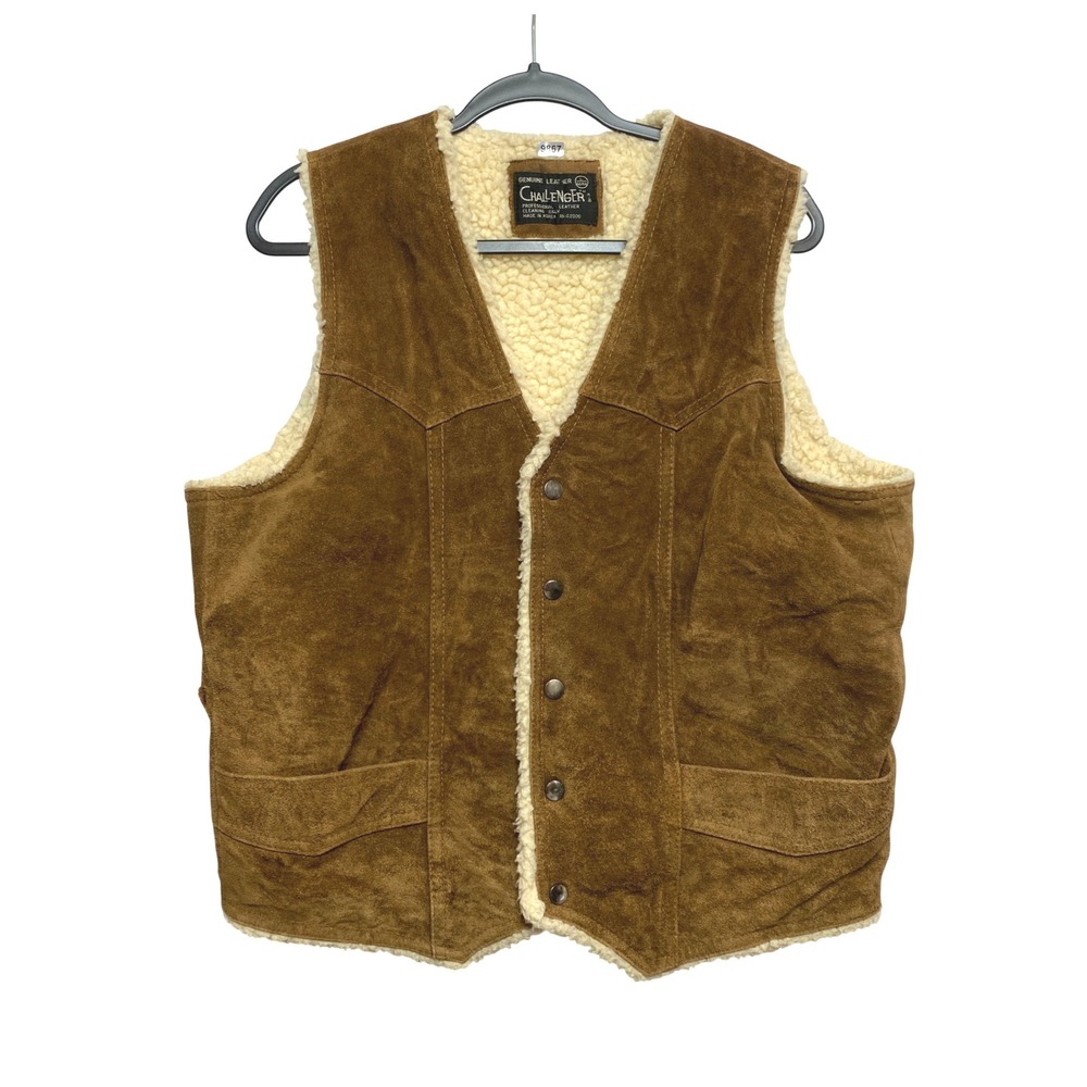 Vintage Challenger Western Vest Mens Large Brown Suede Leather Sherpa Lined